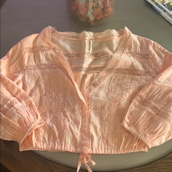Free People Follow your Heart Peach Lace Trim Blouse (S) - Picture 3 of 4